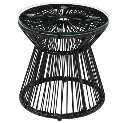 Black Rattan Round Side Table With Glass Top For Garden Patio Or Balcony Use