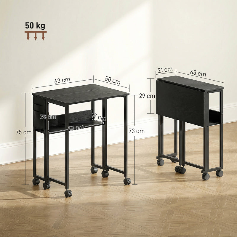 Folding Computer Desk with Wheels and Storage Shelf for Small Spaces Black AOSOM