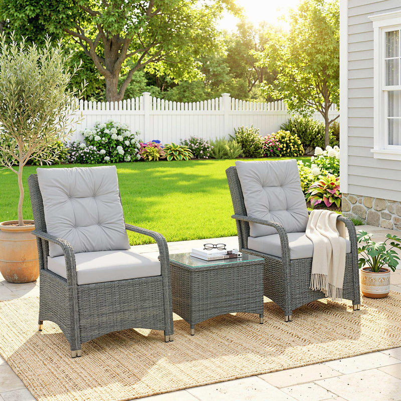 2-Seat Rattan Garden Bistro Set with 10cm Cushions, Tempered Glass Table and Weatherproof Cover, Grey