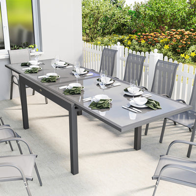 Extendable Garden Dining Table for 6 to 10 People with Easy Clean Glass Top Grey Outsunny
