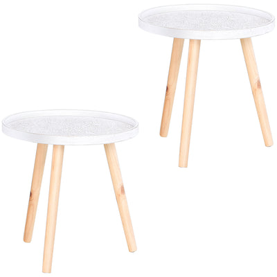 Round Wooden Coffee Tables With Carved Floral Tops Set of 2 Ideal for Living Rooms White