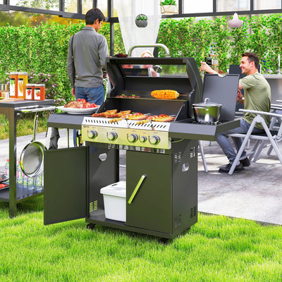 Black 4+1 Burner Gas BBQ Grill with Clear View Lid and Side Table for Outdoor Cooking by Outsunny