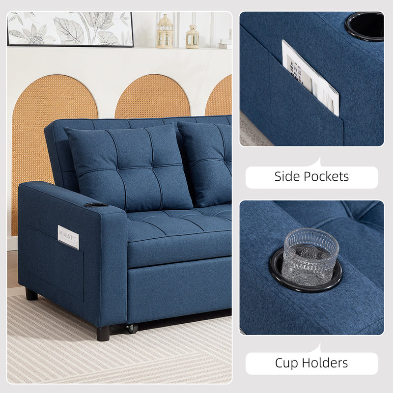 2 Seater Sofa Bed with Storage Pockets and Full Size Pull Out Bed Dark Blue