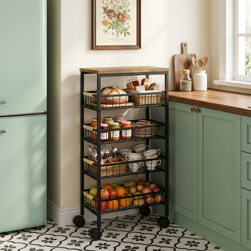 Slim Storage Trolley for Organising Snacks and Spices in Small Spaces Rustic Brown