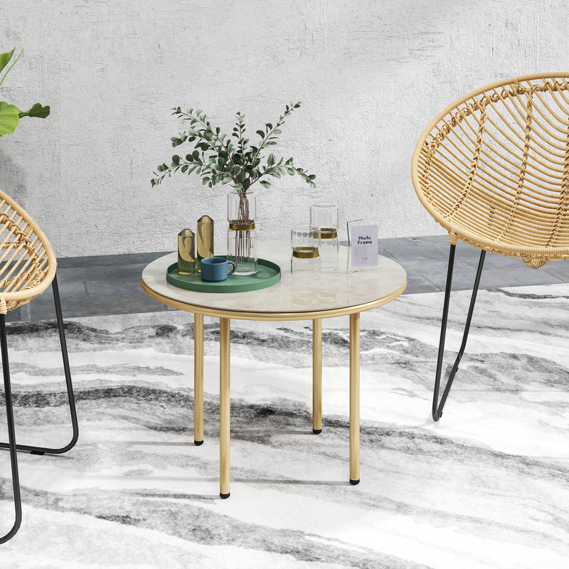 Beige 60cm Round Garden Side Table with Tempered Glass Top and Steel Frame