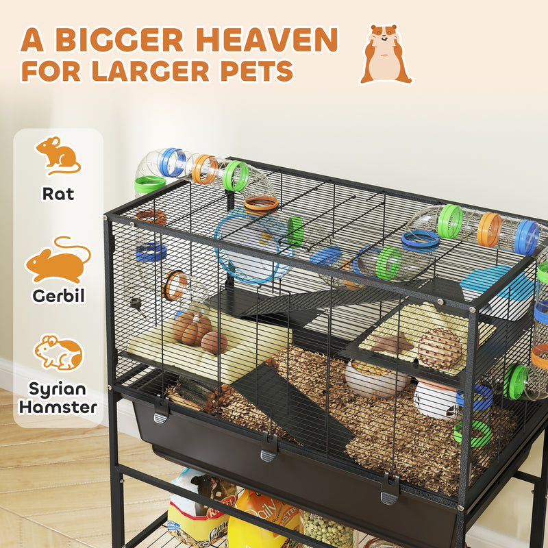 Large 3 Tier Hamster Cage with Wheels Deep Tray and Storage Shelf for Syrian and Gerbil by PawHut