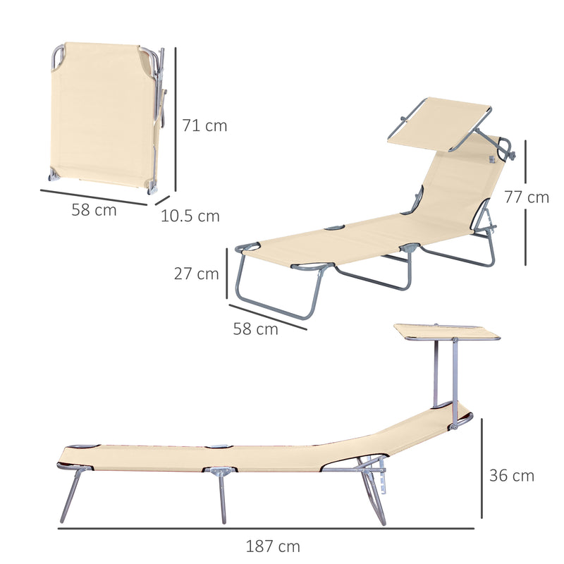 2 Piece Foldable Sun Lounger Set with Adjustable Backrest and Canopy for Garden Beige AOSOM