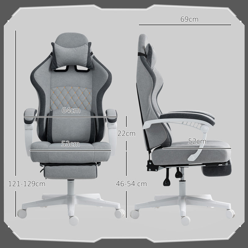 Grey Velvet Reclining Gaming Chair With Footrest And Lumbar Support For Home Office