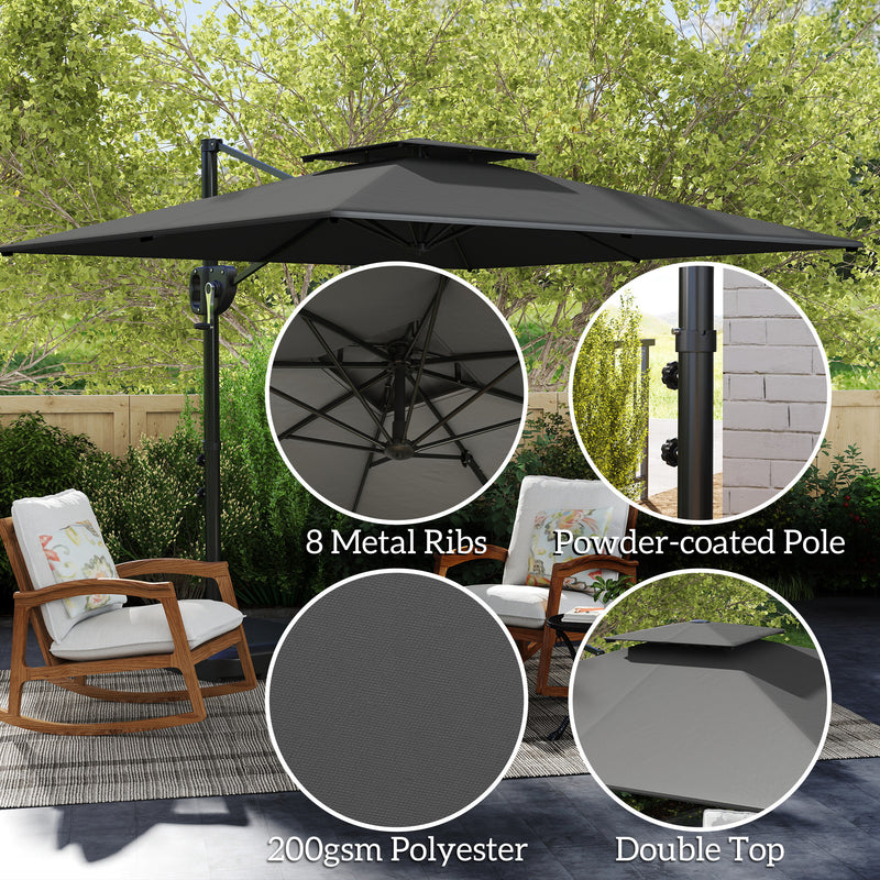 Dark Grey 3m Quare Cantilever Parasol with Weighted Base Hanging Garden Umbrella by Outsunny