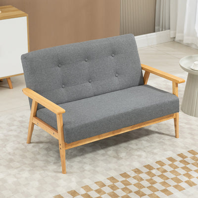 2 Seater Linen Fabric Sofa with Tufted Back and Wooden Legs for Living Room, Dark Grey