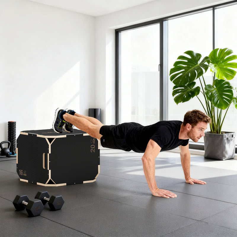 Wooden Plyo Jump Box with Non Slip Surface for Safe Home Workouts 40.5 x 51 x 47.5 cm Natural AOSOM