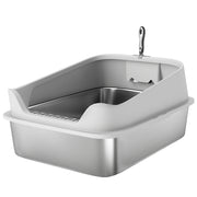 XXL Stainless Steel Cat Litter Box with High Sides and Scoop for Easy Cleaning, Silver