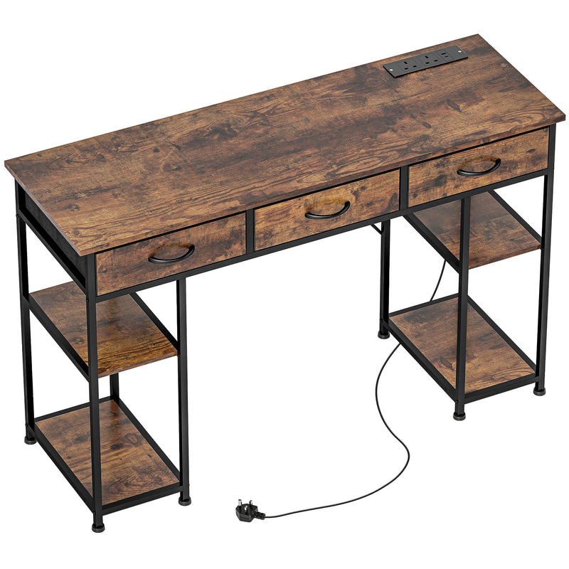 Industrial  120cm Computer Desk With Power Outlets Drawers And Storage Shelves For Home Office