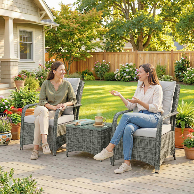 2-Seat Rattan Garden Bistro Set with 10cm Cushions, Tempered Glass Table and Weatherproof Cover, Grey