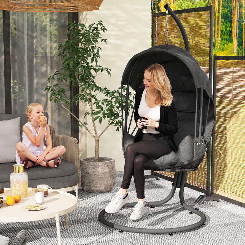 Grey Hanging Egg Chair Swing with Stand Cushion and Retractable Canopy for Indoor or Outdoor by Outsunny