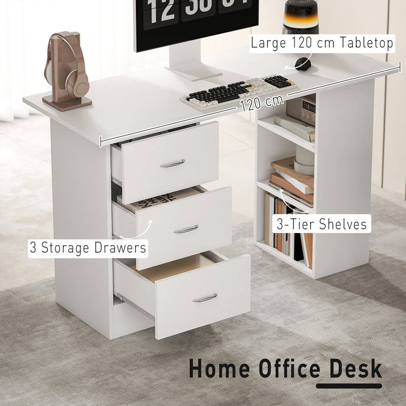 Computer Desk With Drawers and 3 Storage Shelves for Home Office Workstation, White