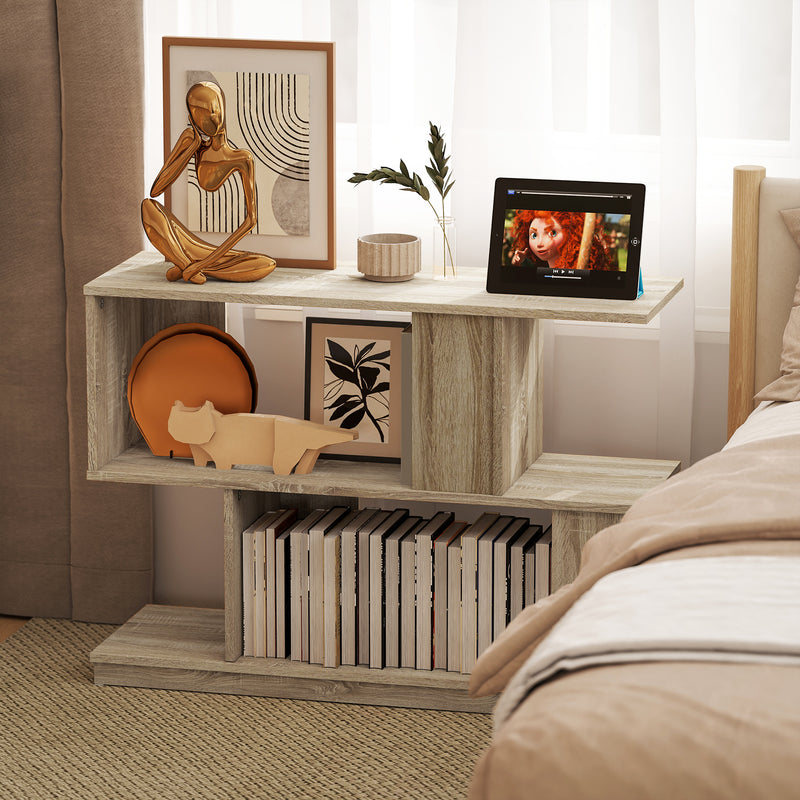 S Shaped Wooden Side Table with Storage Shelf for Living Room or Bedroom, Natural Wood