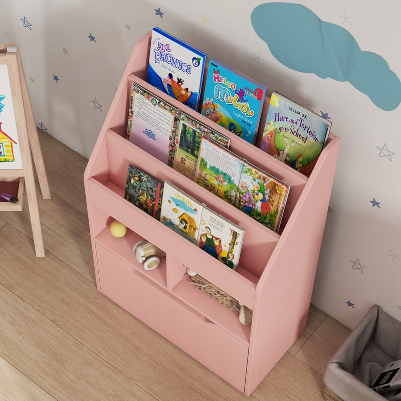 Kids Bookshelf and Toy Organiser with Drawer and Wheels for Easy Storage, Pink