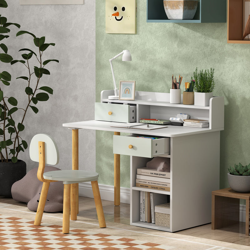 Kids Study Desk and Chair Set with Hutch Storage Shelves and Drawer for Home Learning Green