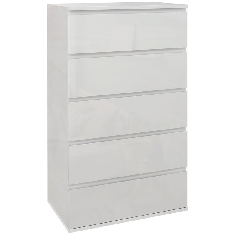 5 Drawer High Gloss Chest Of Drawers With Spacious Bedroom Storage Unit, White