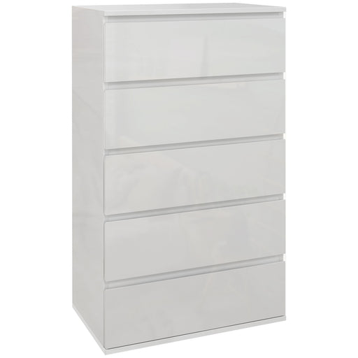 5 Drawer High Gloss Chest Of Drawers With Spacious Bedroom Storage Unit, White