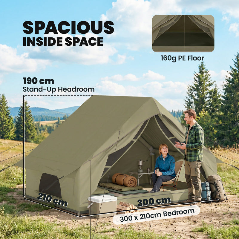 Inflatable Camping Tent With Pump, Waterproof 420D Oxford, 2–4 Person, Army Green