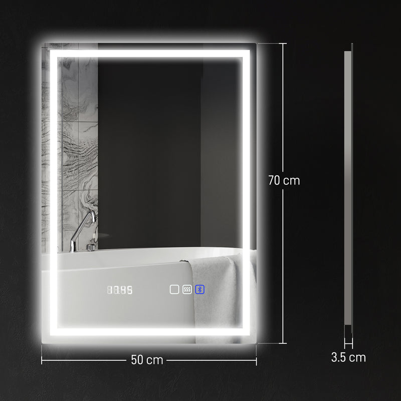 Silver LED Bathroom Mirror 50 x 70 cm with Bluetooth Clock and Anti Fog Feature