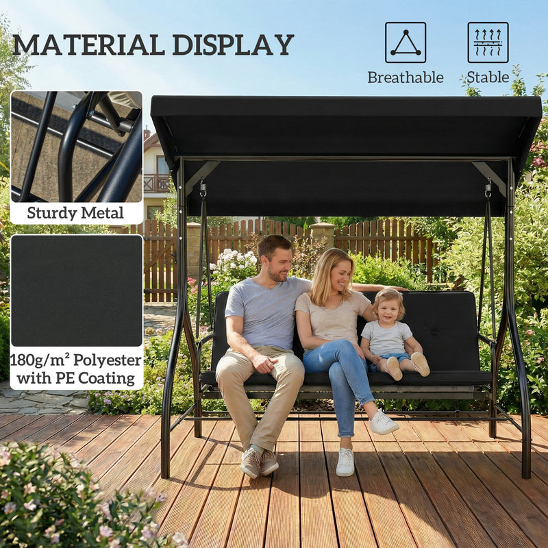 3 Seater Garden Swing Seat with Adjustable Canopy and Fold Flat Bed for Outdoor Relaxing Black