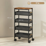 5 Tier Rolling Storage Trolley With Removable Drawers For Home Or Office, Black
