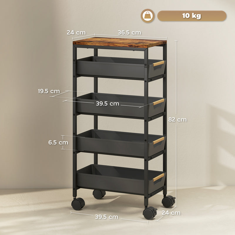 5 Tier Rolling Storage Trolley With Removable Drawers For Home Or Office, Black