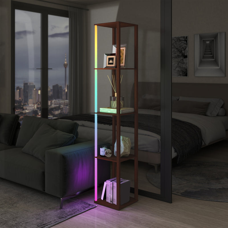 LED Floor Lamp with Shelves and Remote Control for Living Room or Bedroom, Brown