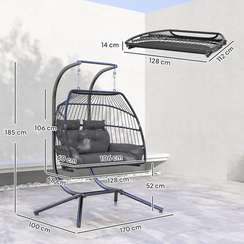 Dark Grey Rattan Double Hanging Egg Chair With Cushions And Stand For Garden by Outsunny