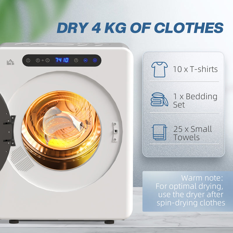 4kg Vented Tumble Dryer 1000W Compact Freestanding with Timer and 6 Heat Settings White by HOMCOM AOSOM