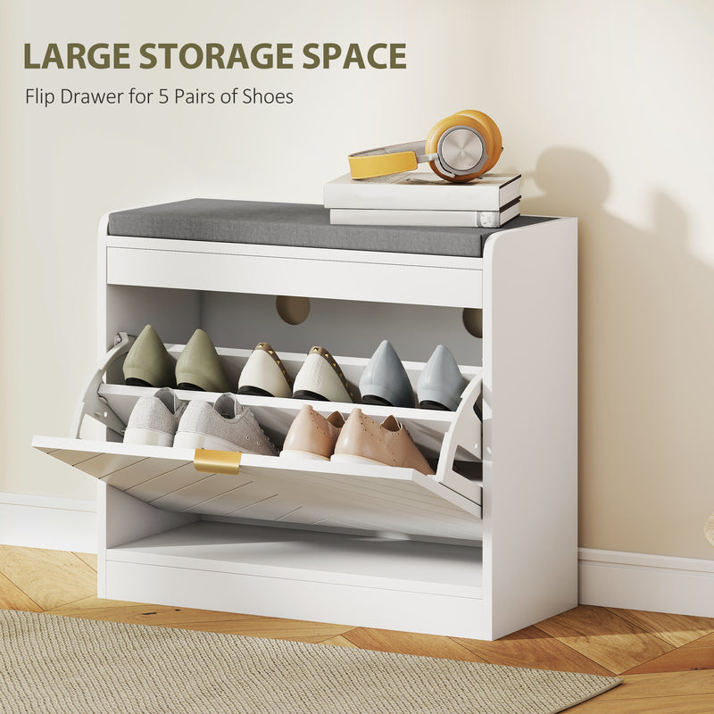 White Shoe Storage Bench For Entryway - Flip Drawer With Chevron Detail - Grey Cushioned Seat Homcom