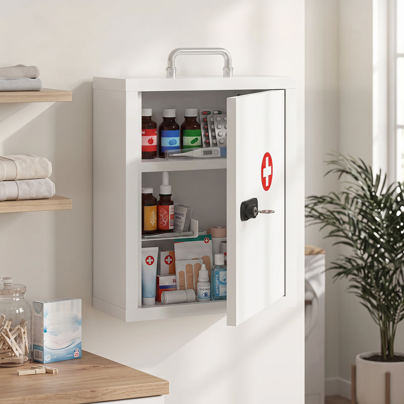 Medicine Cabinet with Lock for Secure Home Storage and Easy Wall Mounting White Red