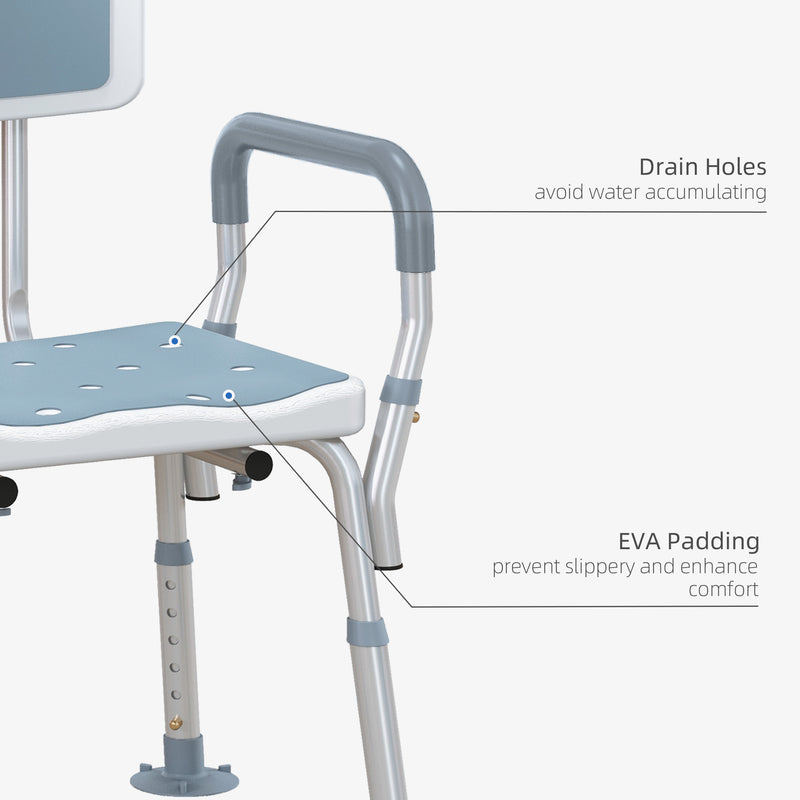 Height Adjustable Shower Chair with Backrest and Arms for Elderly Support Light Blue