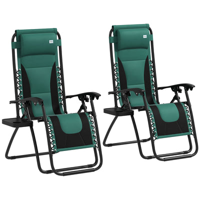 Set of 2 Green Zero Gravity Reclining Lounger Chairs With Padded Seat and Cup Holder by Outsunny