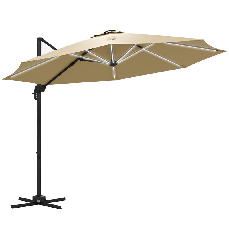 Khaki 3m Cantilever Garden Parasol With Base And Solar LED Lights For Outdoor Shade
