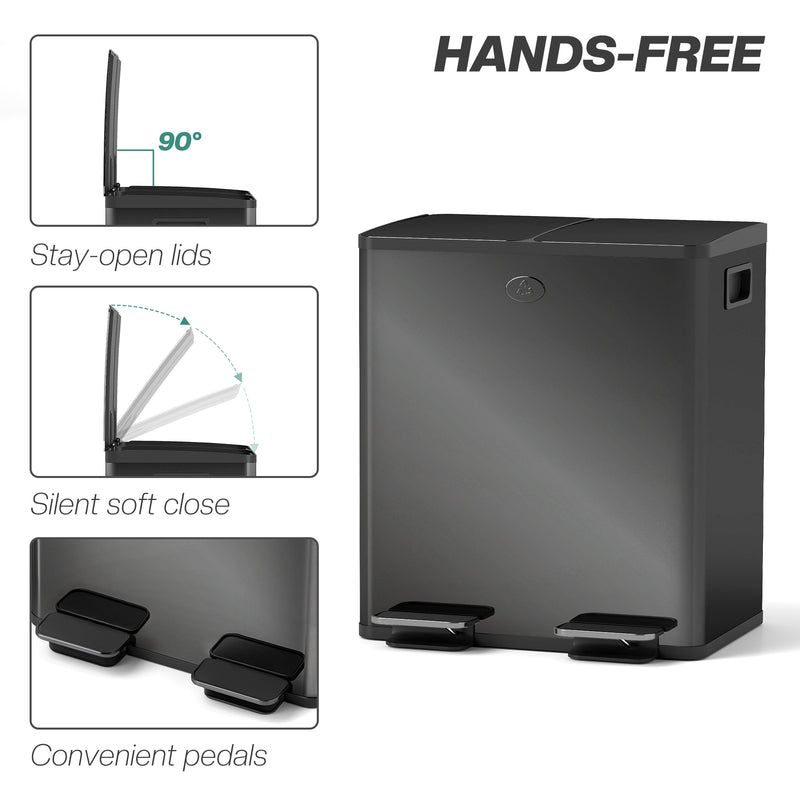 40L Double Compartment Indoor Recycling Bin with Deodorisers in Stainless Steel Glossy Black Finish