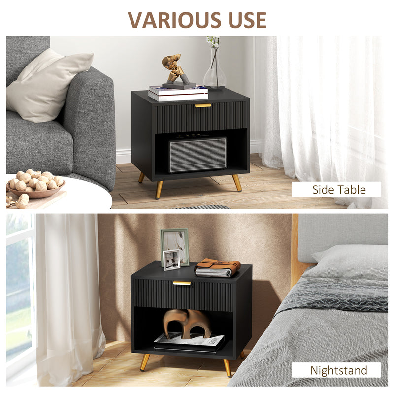 Set of 2 Bedside Tables with Drawer and Shelf Ideal for Bedroom Storage Black Gold Tone