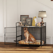 Large Dog Crate Furniture With Rotating Bowl Holder and Double Doors for Indoor Use, Grey