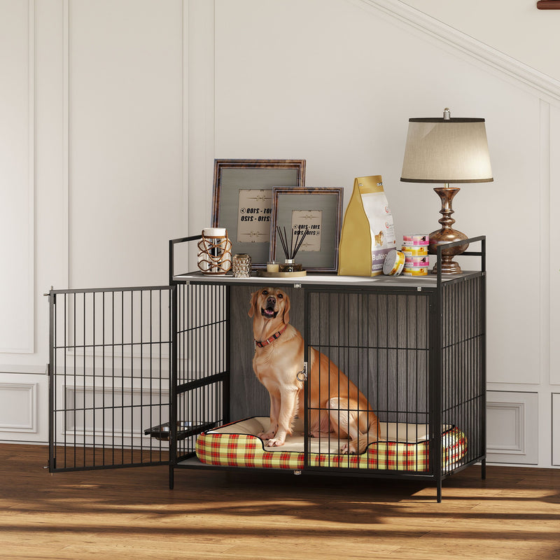 Large Dog Crate Furniture With Rotating Bowl Holder and Double Doors for Indoor Use, Grey