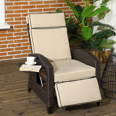 Deluxe Rattan Reclining Garden Chair With Cushions - Side Tray And Footrest Ideal For Garden -  Khaki & Brown Outsunny