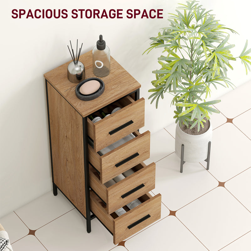 Slim Oak Bathroom Storage Cabinet With 4 Drawers For Organising Toiletries