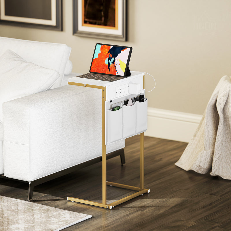 White C Shaped Bedside Table With Charging Station USB Ports and Storage for Bedroom or Lounge