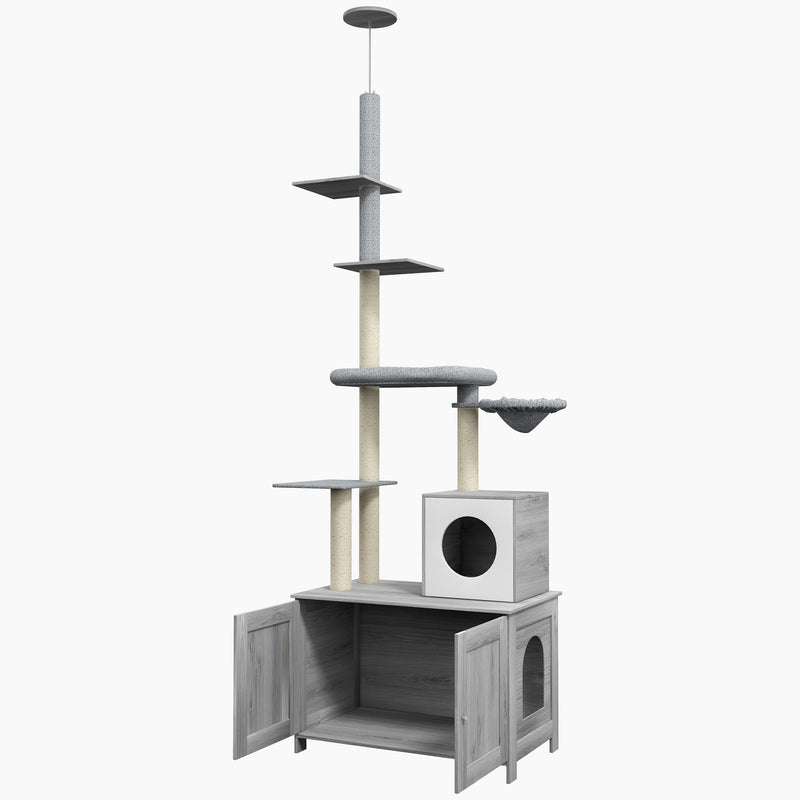 2 in 1 Floor to Ceiling Cat Tree with Hidden Litter Box for Indoor Cats Grey
