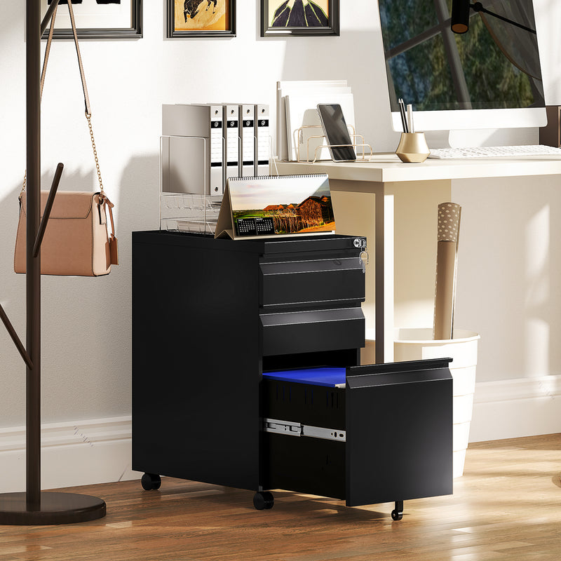 Black 3 Drawer Steel Mobile Filing Cabinet with Lock by Vinsetto