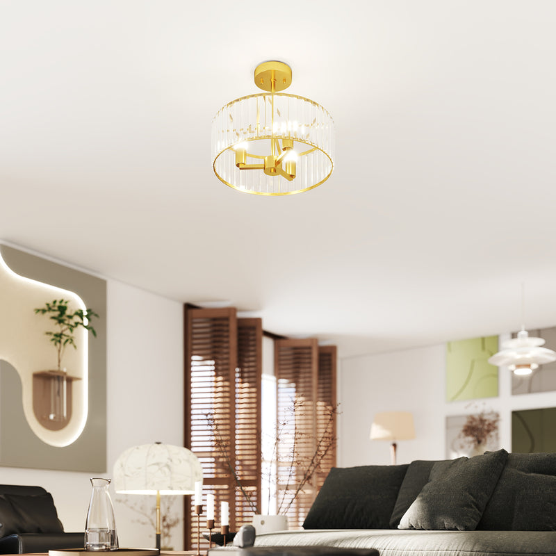 Modern Semi Flush Crystal Ceiling Light With 3 E14 Bulbs For Living Room, Gold Tone