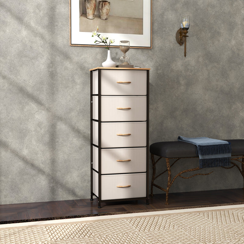 Cream White Fabric Chest of Drawers with 5 Storage Drawers and Wooden Top by HOMCOM