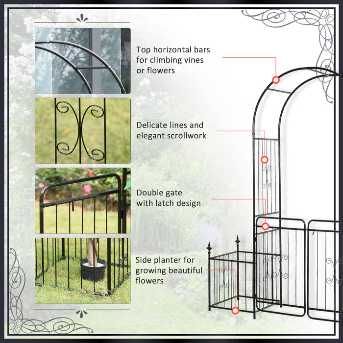 Metal Garden Arbor Arch with Double Doors and Planter Baskets Black by Outsunny